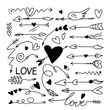 Sevgililer Günü ok, kalp, aşk mektupları ve kanatlar koydu. Çıkartmalar için şablon, tebrik defteri, tebrikler, davetiyeler, planlamacılar, düğün