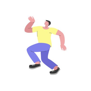 Dans eden adam vektör çizimi beyaz arka planda izole edildi. Renkli daire ve çizgi karışık illüstrasyon. Broşür, davetiye, parti, müzik festivali, afiş, baskı için tasarım