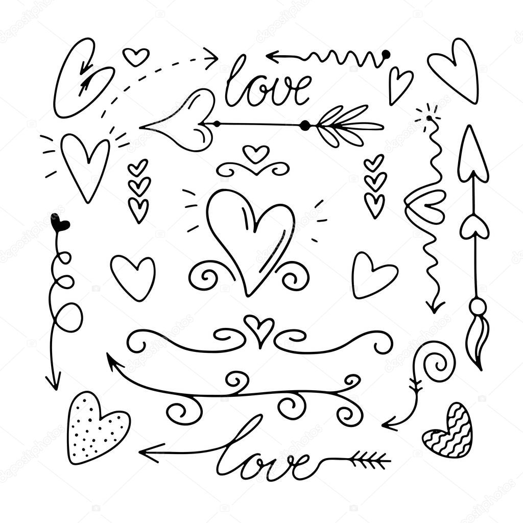 Valentines Day set arrows, hearts,  love lettering and wings. Template for stickers, greeting scrapbooking, congratulations, invitations, planners, wedding