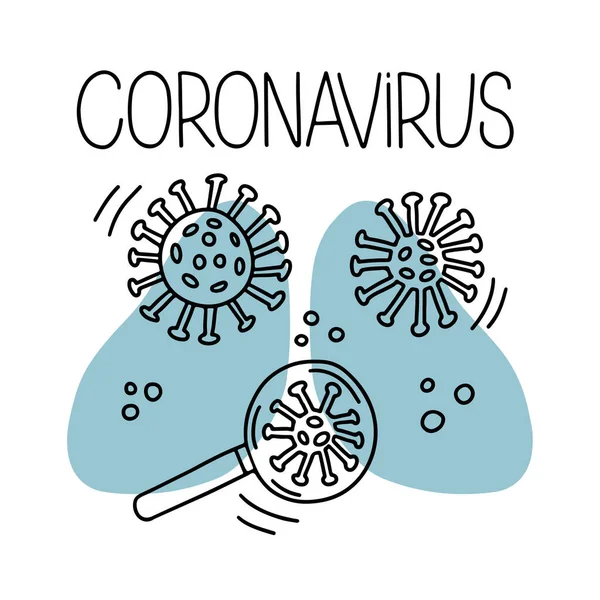 Scarabocchio Disegnato Mano Testo Coronavirus Cina Lente Ingrandimento Alla Ricerca — Vettoriale Stock