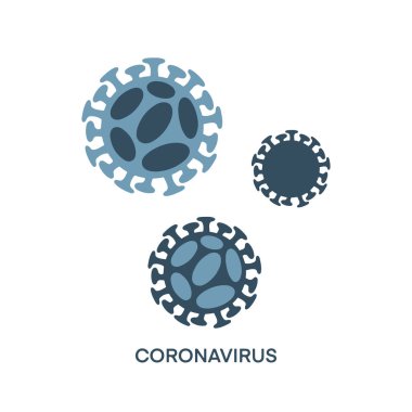Mavi Coronavirus 'un düz vektör yanılsama seti ve beyaz arkaplanda izole edilmiş metin. 2019-Ncov küresel salgını. Coronavirus dikkat konsepti. Tehlikeli bir hastalık salgını.