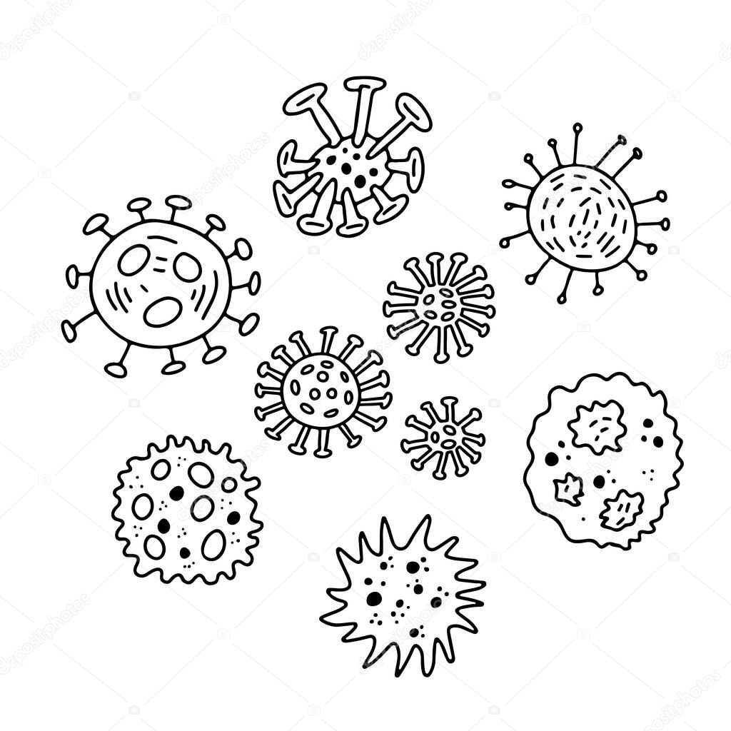 Hand drawn doodle different microbes  and Coronavirus in China isolated on white background. Global epidemic of 2019-nCov coronavirus. Concept of coronavirus quarantine. Coloring book