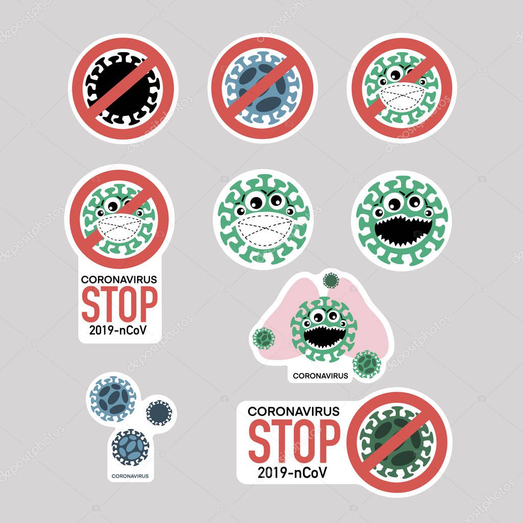 Set of stickers Coronavirus outbreak with sign stop, warning corona viruses, virus and lungs, mask on gray background. Pandemic medical health risk concept.  Health and medical vector illustration