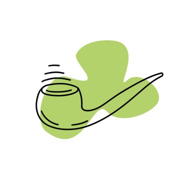 El çizimi tütün içilen pipo karalama sembolü yeşil yonca vektör çizimi, beyaz arkaplanda izole edilmiş taslak simgesi. Etiket ve poster için tasarım ögesi, tebrik kartı, tütün sitesi