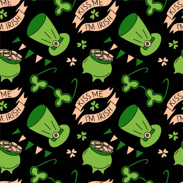 Handgezeichnete Nahtlose Muster Saint Patrick Day Traditionelle Symbole Banner Klee — Stockvektor