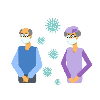Virüslerden ve kirlilikten korumak için beyaz tıbbi maskeli yaşlı insanlar. Büyükbaba ve virüs. Vektör çizimi düz. Koronavirüs karantinası kavramı