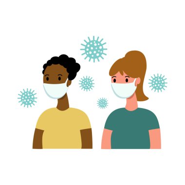 Farklı ırktan kızlar, beyaz tıbbi maskeli karakterleri virüslerden ve kirlilikten korumak için kullanır. Çin 'de taşıyıcı illüstrasyon düzlüğü Corona virüsü. Koronavirüs karantinası kavramı