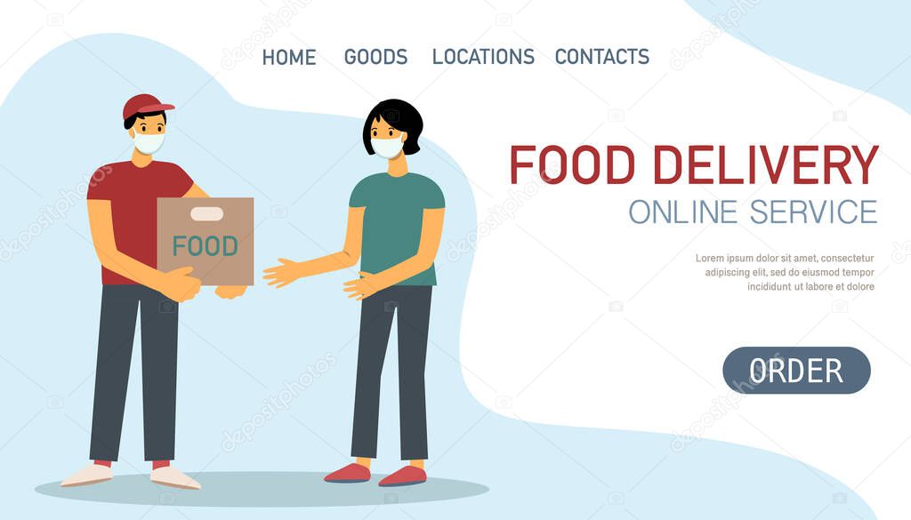 Courier in uniform and medical mask with package of food and young woman  in mask. Vector flat  illustration,  design online food delivery service concept. Template for website, landing page, banner