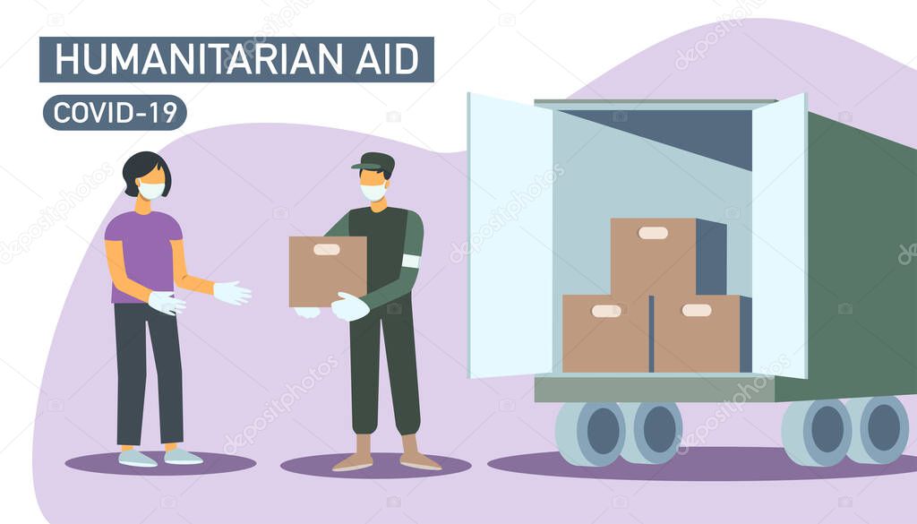 The military in uniform and medical mask with package, giving help, truck,  young woman  in mask. Vector flat  illustration with the text Humanitarian Aid COVID-19. Design for poster, banner, tamplate