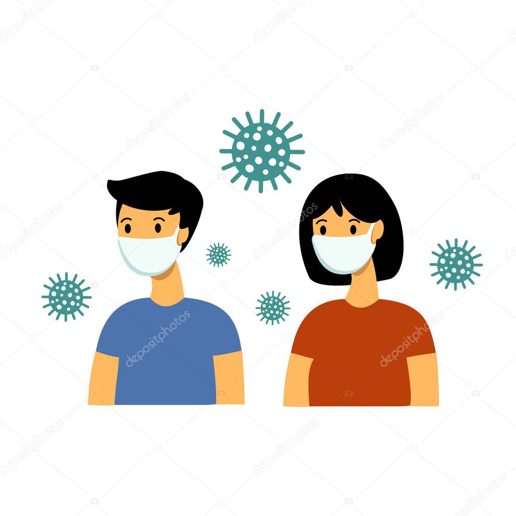 Female and male characters in white medical face masks to protect from viruses and pollution. Vector illustration flat Corona virus in China.     Concept of coronavirus quarantine