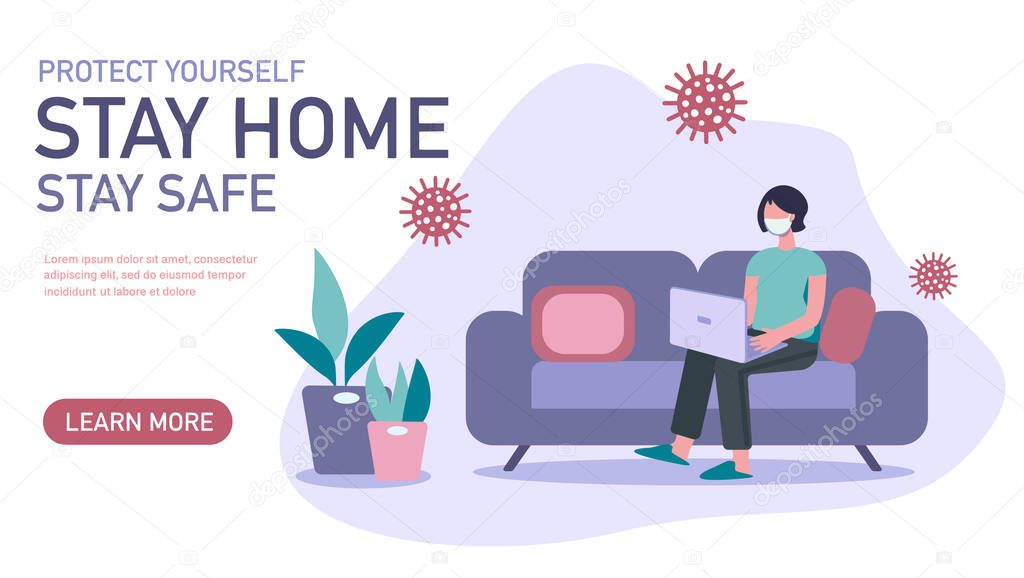 Stay home banner template. Young woman with madical mask sitting home with laptop. Quarantine or self-isolation. Trendy flat vector illustration, landing page