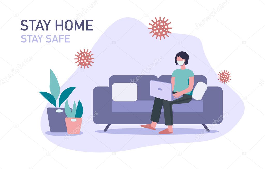 Stay home banner template. Young woman with madical mask sitting home with laptop. Quarantine or self-isolation. Trendy flat vector illustration.1