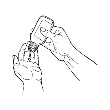Covid-19 virüsünü korumak için el dezenfektanı kullanan eller. Coronavirus vektör çizimi çizimi beyaz arka planda izole edilmiş bir el çizimi. Viral hastalıkların önlenmesi