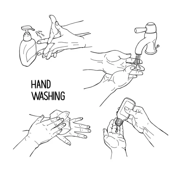 Manual Desenhado Doodle Vetor Ilustração Preventions Infográfico Com Lavar Mãos —  Vetores de Stock