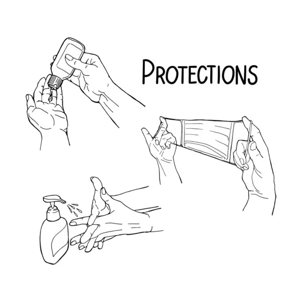 Handgezeichnete Doodle Vector Illustration Präventions Infografik Mit Händen Atemschutzmaske Seife — Stockvektor