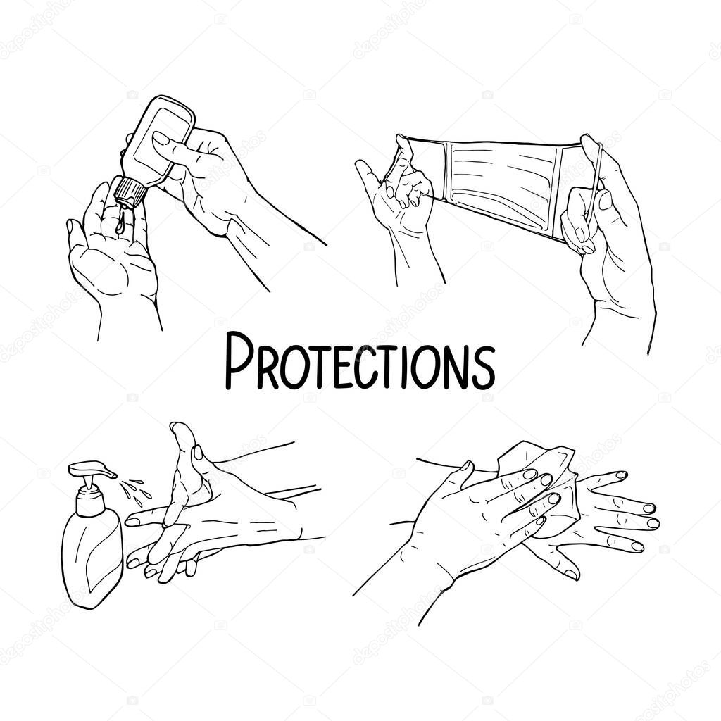Hand drawn doodle vector illustration preventions infographic with hands, medical respiratory mask, soap, hand sanitizer,paper, lettering protections. Disinfection, hygiene, medical precaution concep