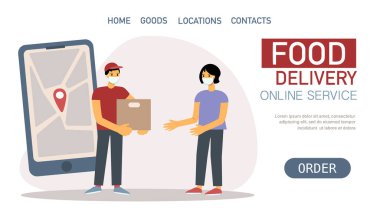 Dağıtım elemanı ve tıbbi maskeli bir paket yiyecek ve maskeli genç kadın, sipariş takibi, vektör daire çizimi, tasarım çevrimiçi yemek servis konsepti. Web sitesi için şablon, iniş sayfası 