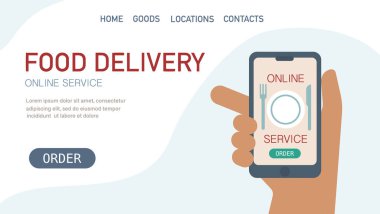  Yemek dağıtım telefonu. Tabak, çatal, bıçak, mavi arka plan. Vektör düz çizim, tasarım çevrimiçi yemek servisi konsepti. Web sitesi, iniş sayfası, pankart için şablon