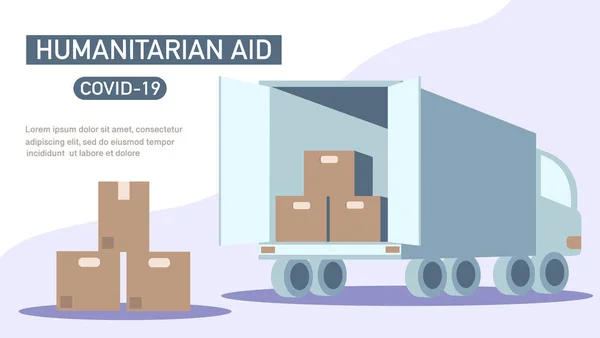 Vrachtwagen Met Pakket Dozen Met Humanitaire Hulp Vector Platte Illustratie — Stockvector