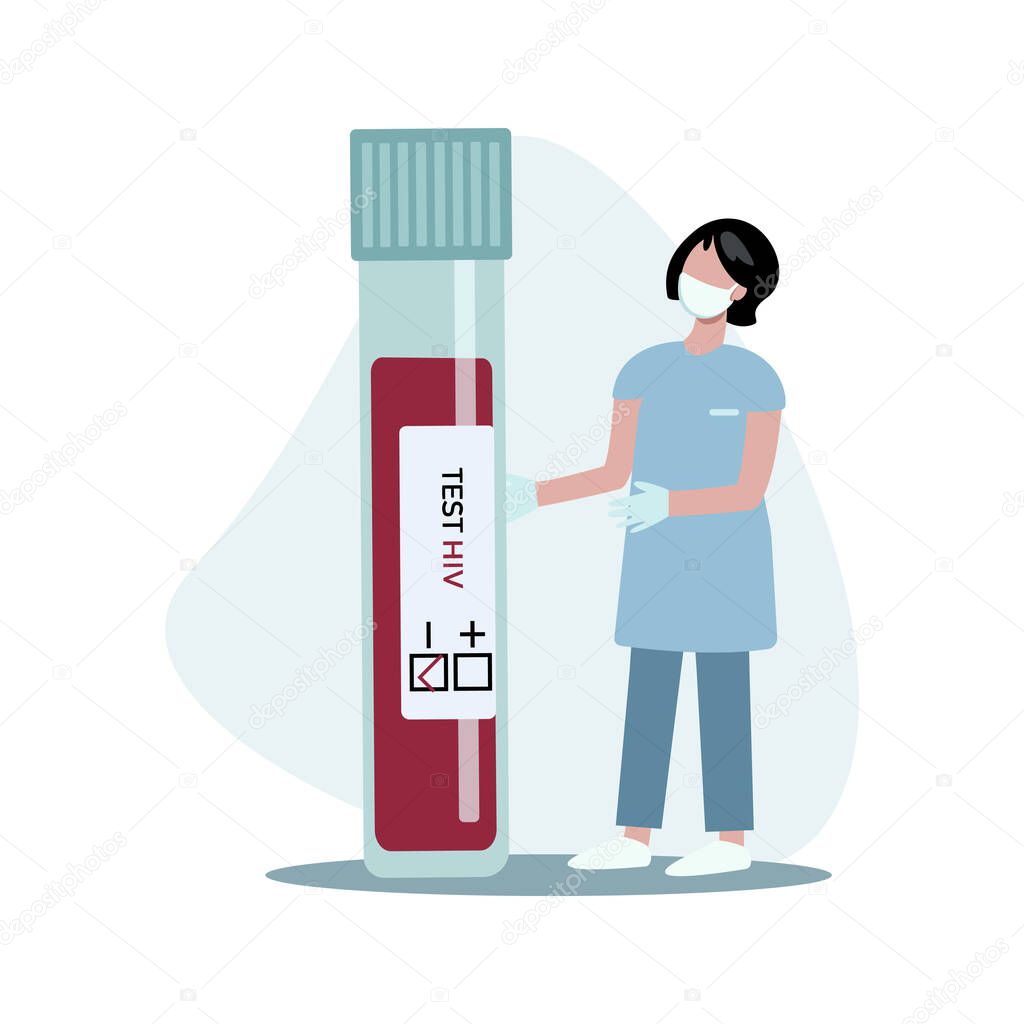 Flat vector illustration of doctor with test tube of blood for hiv  isolated on blue background. Template for website, landing page, banner 