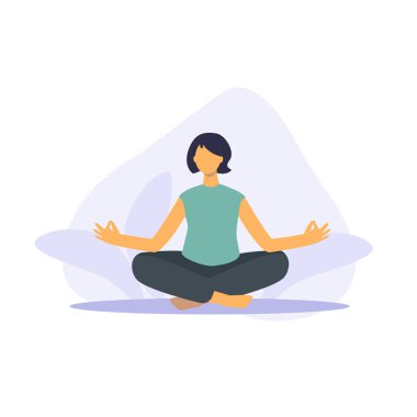 Poz yoga, evde yoga. Karantina sırasında meditasyon ve spor. Evde kal, kendine iyi bak. Lotus pozisyonunda oturan kız. Vektör düz resimleme