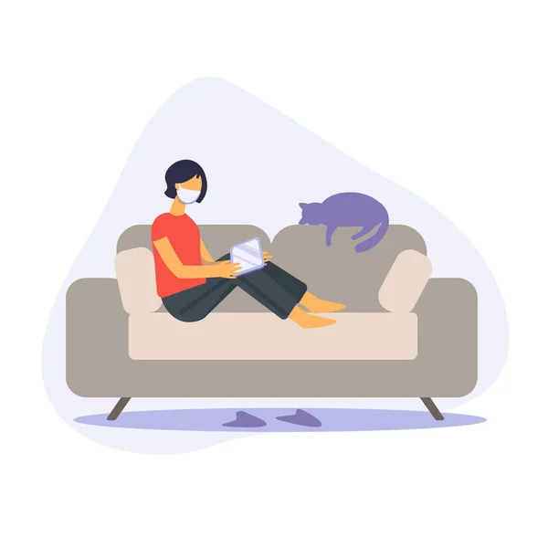 Stay Home Banner Template Woman Sitting Sofa Mask Tab Cat — Stock Vector