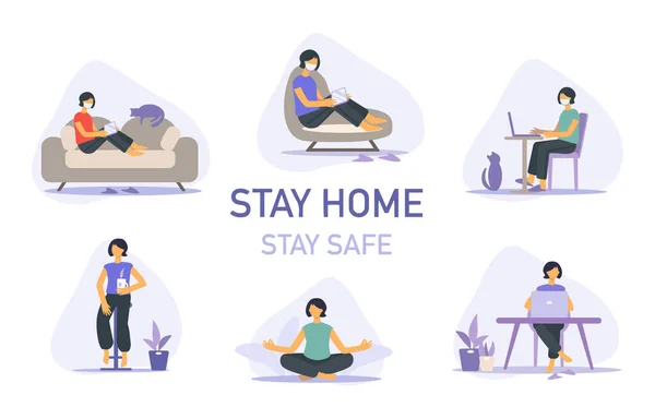 Set Stay Home Banner Template Woman Cup Houseplant Laptop Sofa — Stock Vector