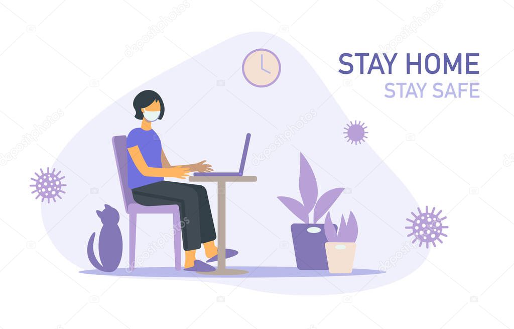 Work home. Protect yourself. Flat illustration Stay home stay safe on quarantine during the coronavirus epidemic young woman with cat, houseplant, laptop, desk. Coronavirus outbreak vector concept