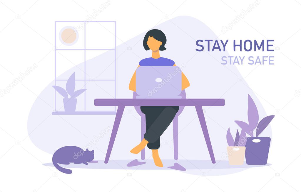 Work home. Protect yourself. Flat illustration Stay home stay safe on quarantine during the coronavirus epidemic young woman with cat, houseplant, laptop, desk. Coronavirus outbreak vector concept