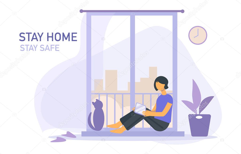 Stay home banner template. Woman with cat, houseplant, balcony, city, clock. Quarantine or self-isolation. Health care concept.  Global viral epidemic or pandemic. Flat vector illustration