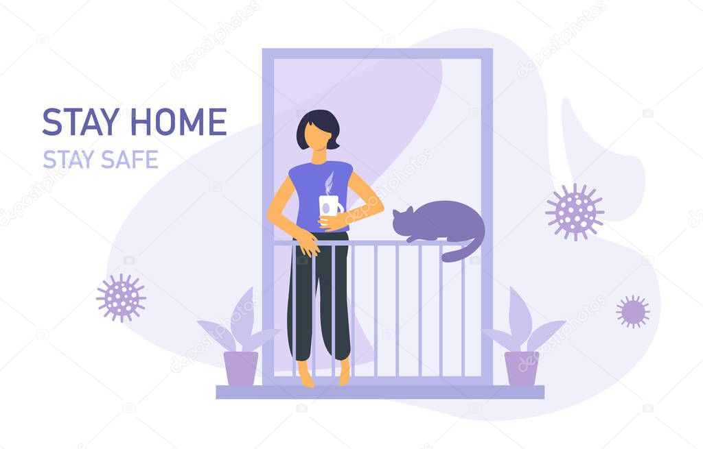 Stay home banner template. Woman with cup, houseplant, balcony, cat. Quarantine or self-isolation. Health care concept.  Global viral epidemic or pandemic. Flat vector illustration