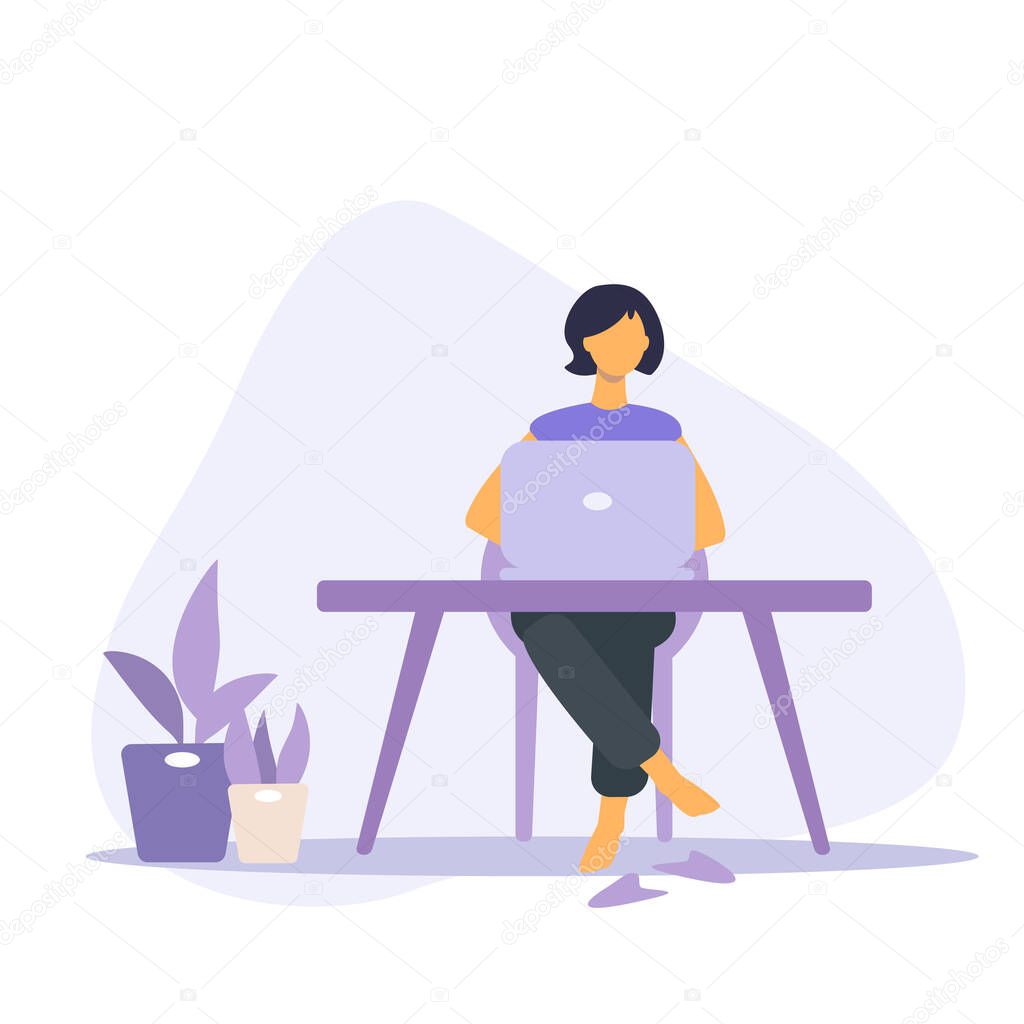 Work home. Protect yourself. Flat illustration Stay home stay safe on quarantine during the coronavirus epidemic young woman with  houseplant, laptop, desk. Coronavirus outbreak vector concept