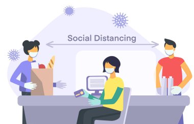 Sosyal uzaklık işareti, COVID-19 Coronavirus 'tan korumak için maskeli insanlarla arana mesafe koy. Erkek ve kadınlar, yemek, kart, virüs. Beyaz arkaplan üzerinde vektör düz illüstrasyon.