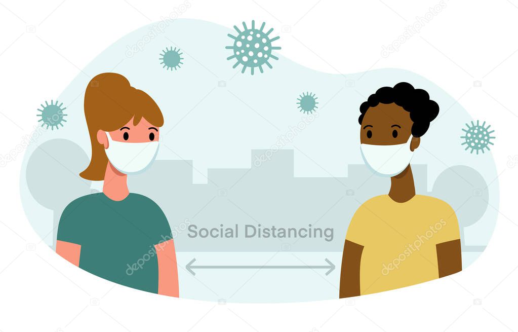 Social distancing sign, keep distance in public society people to protect from COVID-19 coronavirus. Young women, city silhouette, trees, virus. Vector flat illustration on white background.