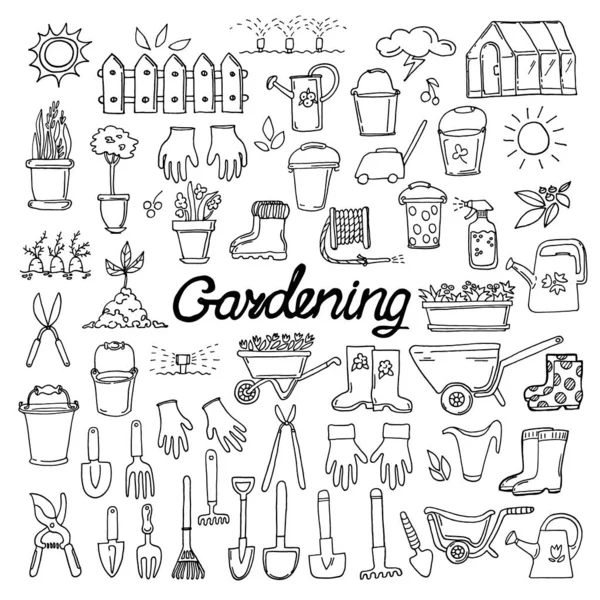 Hand Drawn Vector Doodle Illustration Set Garden Tools Lettering Isolated — Stock Vector