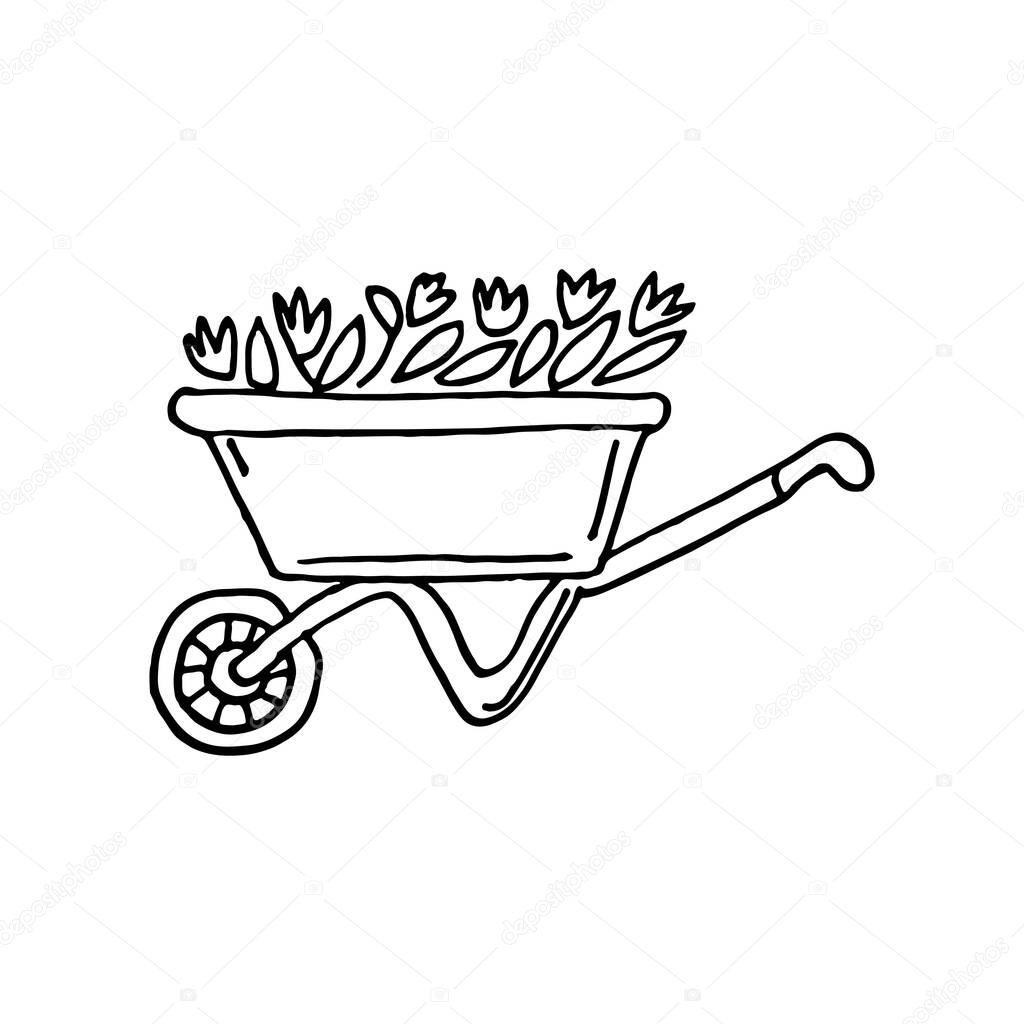 Hand drawn vector doodle illustration of  wheelbarrow with flower isolated on white background. Spring cares in the garden. Gardening tool design for card, banner, logo, print.