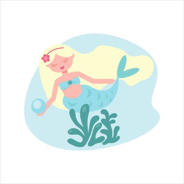 İnci, kırmızı yıldız ve mavi arka planda deniz yosunlu küçük şirin deniz kızı. Peri bozma prensesi. Tasarım kartları, defter, dükkan, poster şablonu