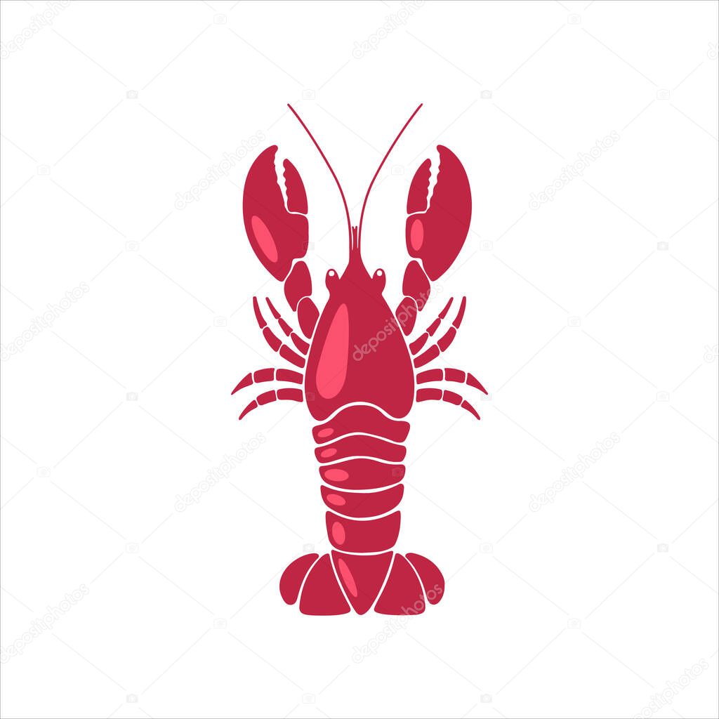 Hand drawn lobster logo. Vector flat style illustration prepared lobster isolated on white background. Healthy seafood. Design for restaurant menu, banner, print, card, invitation