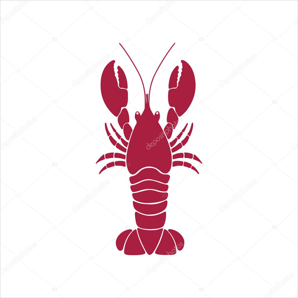 Hand drawn lobster logo. Vector flat style illustration prepared lobster isolated on white background. Healthy seafood. Design for restaurant menu, banner, print, card, invitation