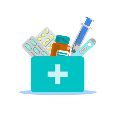 Tıbbi malzemelerin, şişelerin, sıvıların, termometrenin, şırınganın, lavmanın, ilaç maskesinin, eldivenlerin deseni yok. Sarı üzerine vektör düz çizim. Eczane. Duvar kağıdı, afiş, tekstil, ambalaj için tasarım