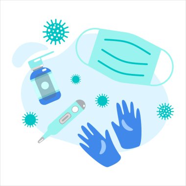 Tıbbi malzemelerin, şişelerin, sıvıların, termometrenin, şırınganın, lavmanın, ilaç maskesinin, eldivenlerin deseni yok. Sarı üzerine vektör düz çizim. Eczane. Duvar kağıdı, afiş, tekstil, ambalaj için tasarım