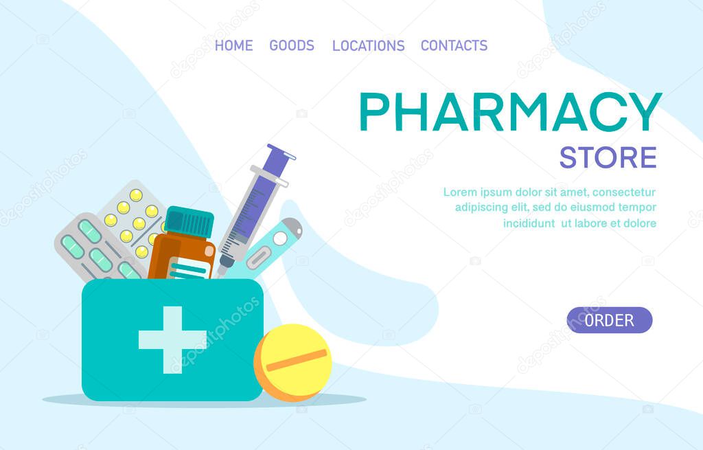 Vector flat illustration of medicine pills capsules bottles vitamins, tablets, syringe, thermometer. Drugstore order delivery website homepage concept. Template for landing page pharmacy online