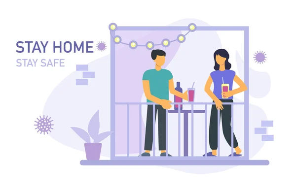 Stay Home Banner Template Woman Man Glasses Wine Houseplant Balcony — Stock Vector