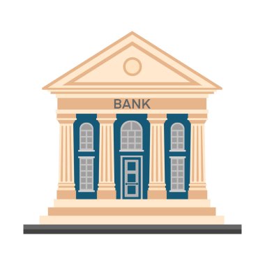 Beyaz zemin üzerinde izole edilmiş sütun vektör renkli düz illüstrasyon ikonu olan banka finans binası. Para değişimi için banka finans binası, finans hizmetleri, ATM, para dağıtma