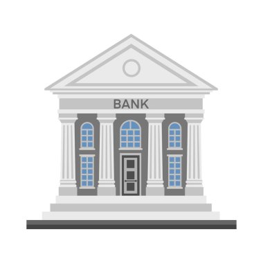 Beyaz zemin üzerinde izole edilmiş sütunlar vektör düz illüstrasyon ikonu ile banka finans binası. Para değişimi için banka finans binası, finans hizmetleri, ATM, para dağıtma