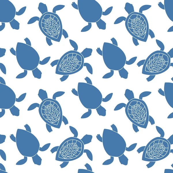 Vector Doodle Seamless Pattern Illustration Graphic Sea Blue Silhouette Turtle — Stock Vector