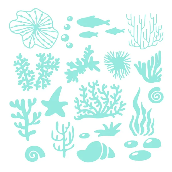 Vector Set Illustration Colorful Sea Coral Fishes Starfish Shell Isolated — Stock Vector