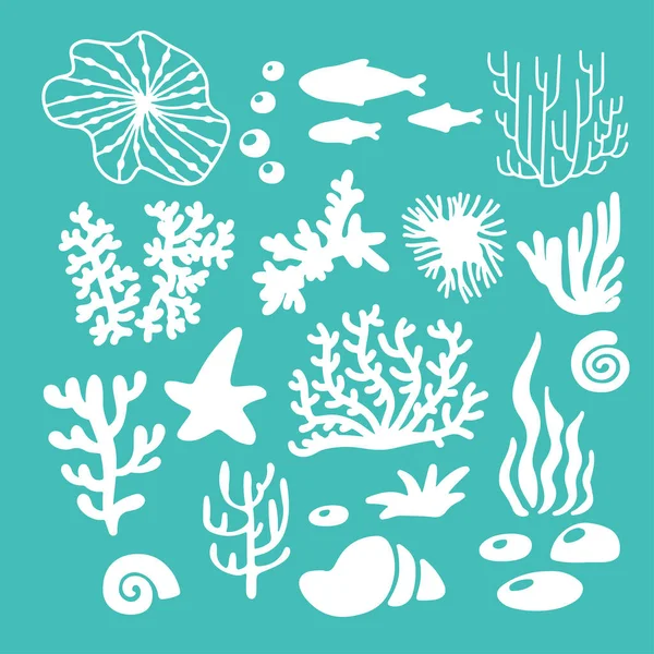 彩色海珊瑚 绿底壳的矢量图 一组红色和绿色的水下海洋生物 海洋或海洋动植物群 最好的标志 — 图库矢量图片