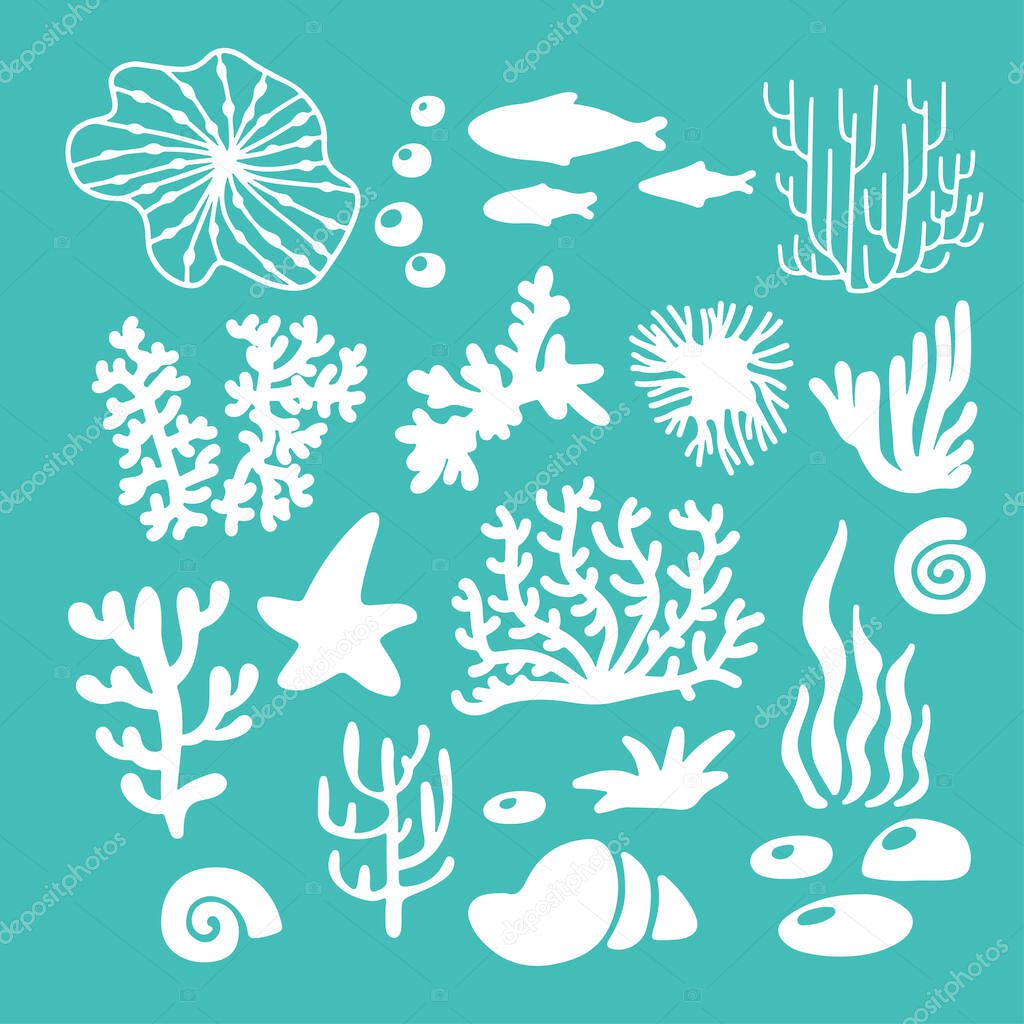 Vector set illustration of colorful sea coral, fishes, starfish,shell isolated on green background. Set of red and green underwater marine creatures, sea or ocean flora and fauna. Best for logo, card