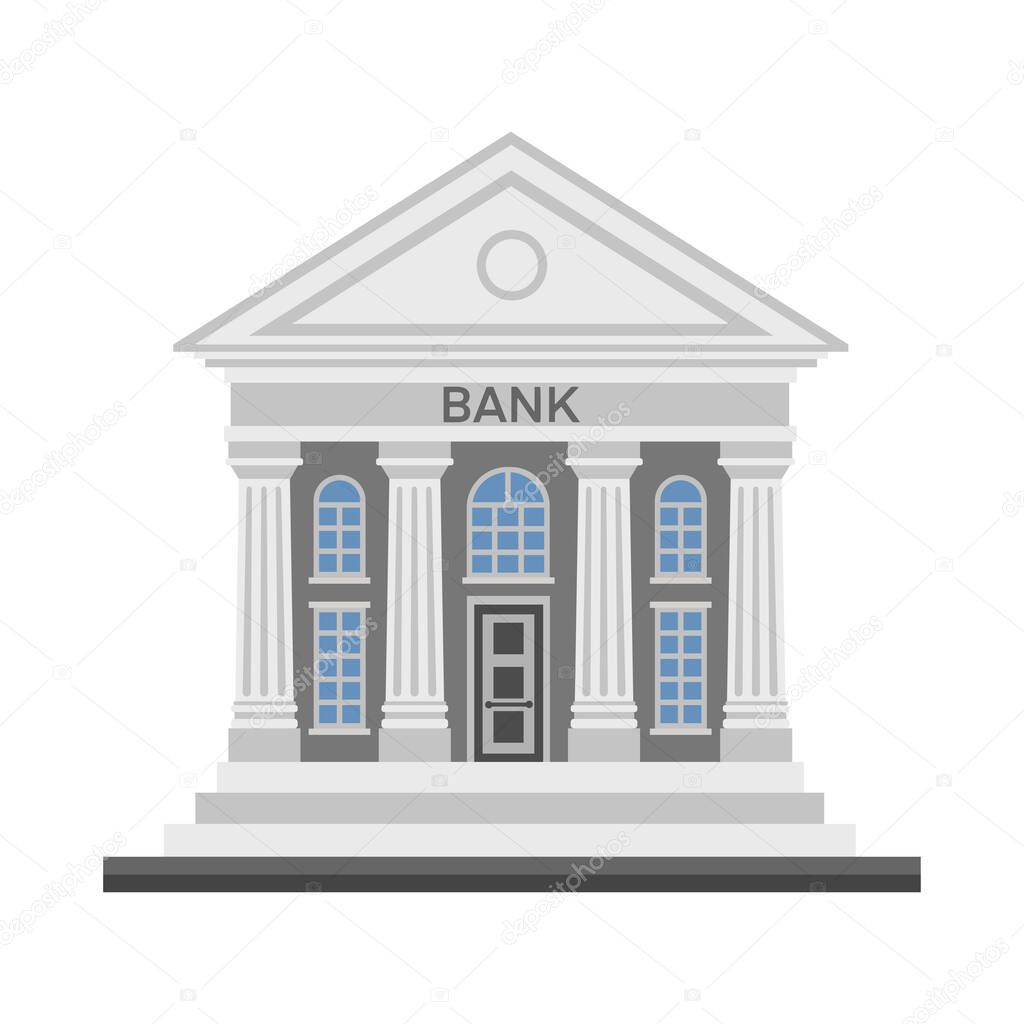 Bank finance building with columns  vector flat illustration icon isolated on white background. Banking finance building for money exchange, financial services, ATM, giving out money
